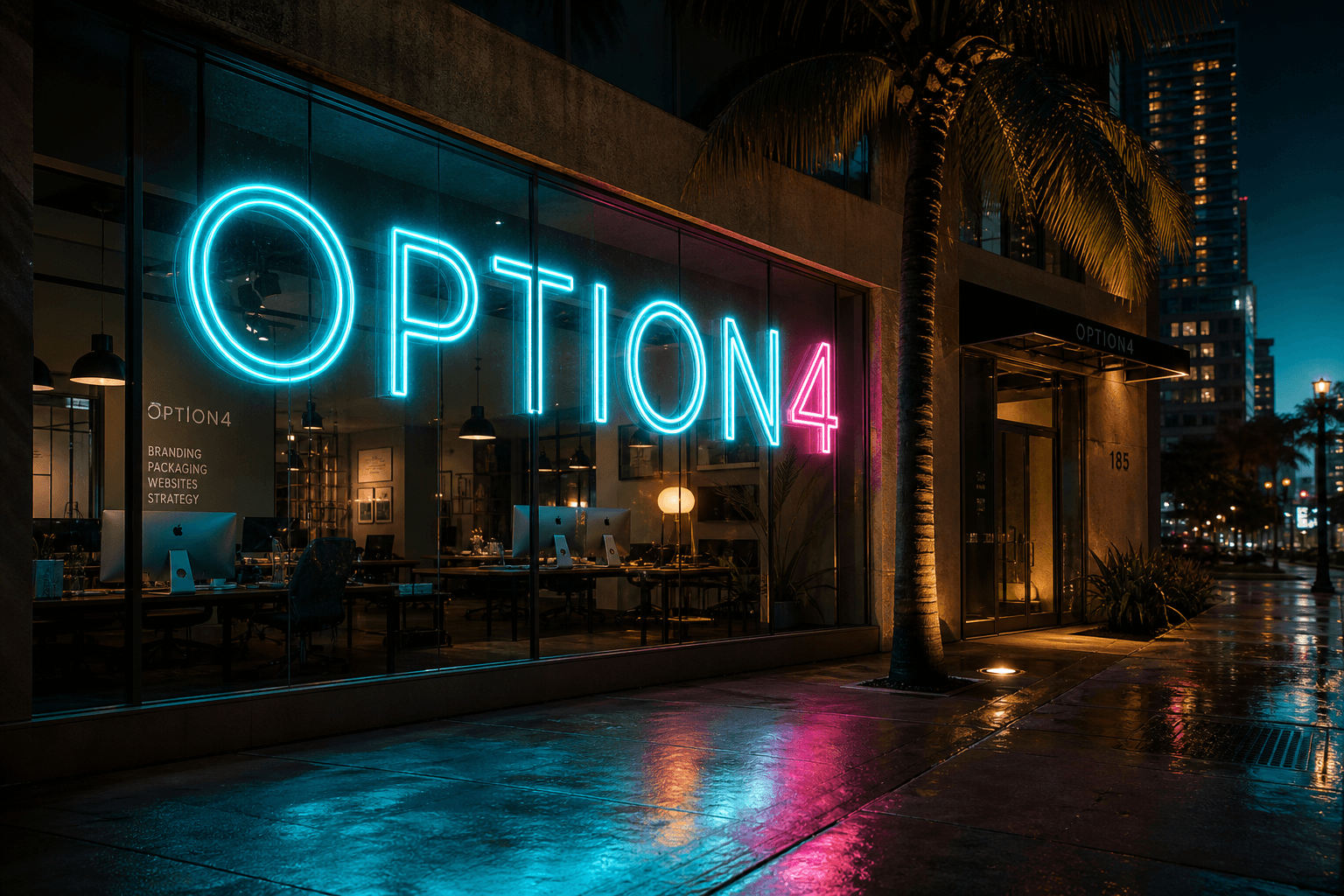 OPTION4 Miami studio storefront with cyan and magenta neon